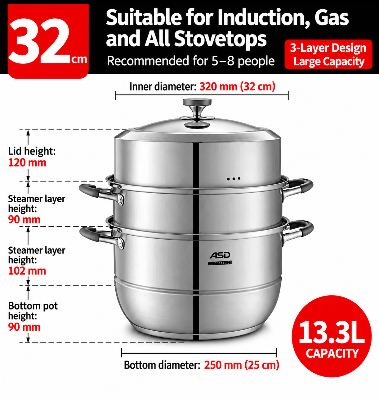 304 Stainless Steel 3-Tier Steamer Pot – 13.3L 1