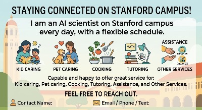Offer great service for kids caring, pet caring, cooking, tutoring, assistance, and other services 1