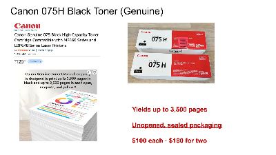 Genuine Canon 075H Black Toner - Sealed - $100 Each 1