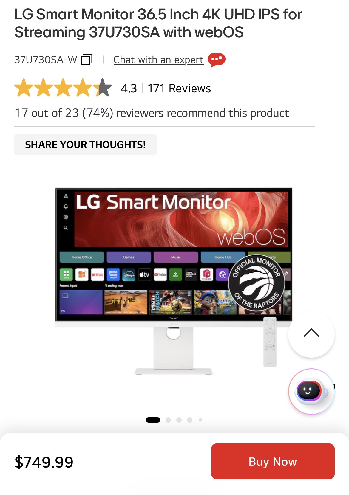 LG Smart Monitor 36.5 Inch 4K UHD IPS for Streaming 37U730SA with webOS 1