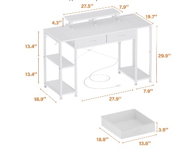 White 47in desk with drawers and power strip 4